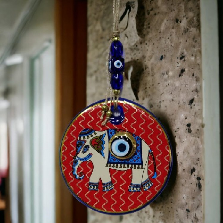 Red Prosperity-Bringing Elephant Evil Eye Beaded Wall Decoration Glass Wall Decor