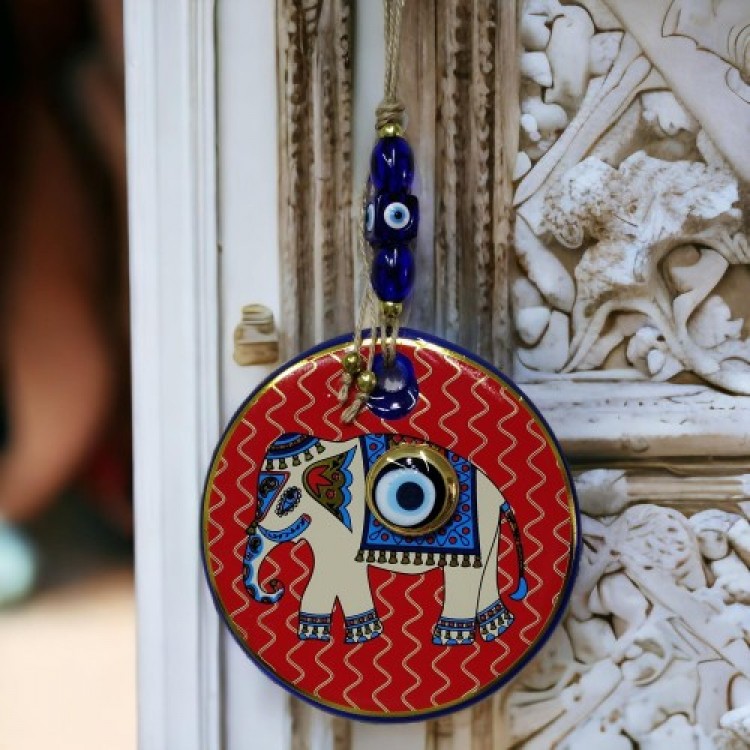 Red Prosperity-Bringing Elephant Evil Eye Beaded Wall Decoration Glass Wall Decor