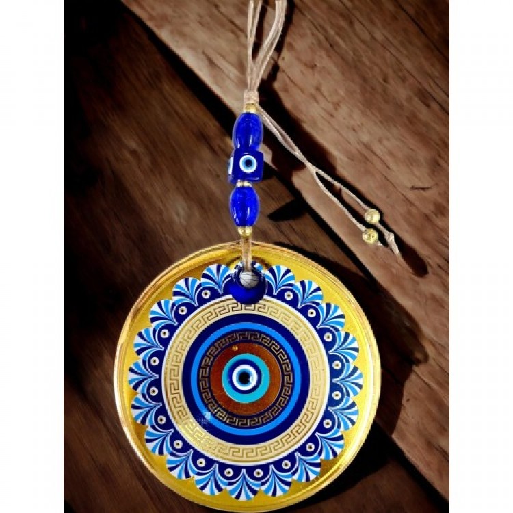 Gold Glass with Blue Motif Nazar Bead Eye Detail Wall Decoration