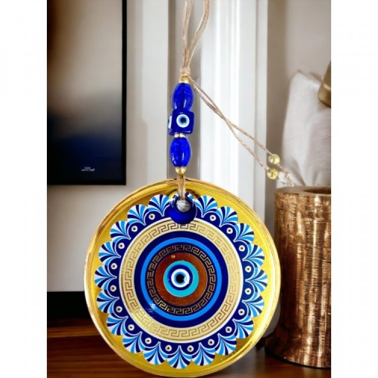 Gold Glass with Blue Motif Nazar Bead Eye Detail Wall Decoration