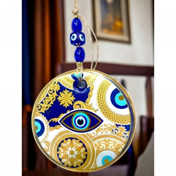 Yellow Patterned Blue Embroidered Nazar Bead Eye Wall Decoration