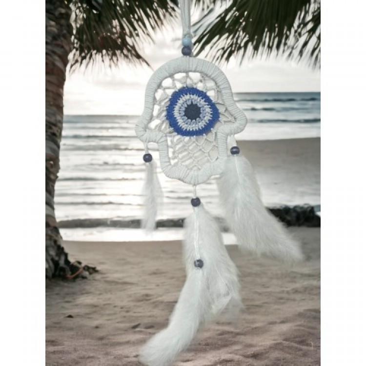 White Fatma Ana Eli Wall Decoration with Nazar Boncuğu Motif Handmade Wall Decoration