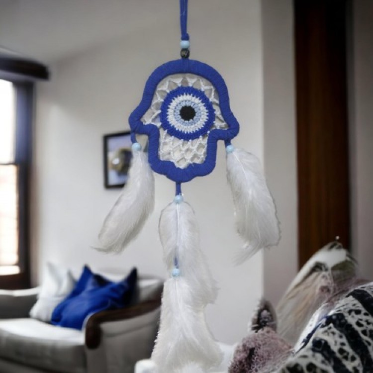 Blue Fatma Mother's Hand Wall Decoration with Evil Eye Motif Handicraft Wall Decoration Blue Fatma Mother's Hand Wall Decoration with Evil Eye Motif Handicraft Wall Decoration