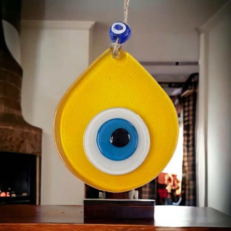 Orta Boy Şeffaf Sarı Damla Desen Nazar Boncuklu Duvar Dekoru Cam Duvar Süsü Orta Boy Şeffaf Sarı Damla Desen Nazar Boncuklu Duvar Dekoru Cam Duvar Süsü