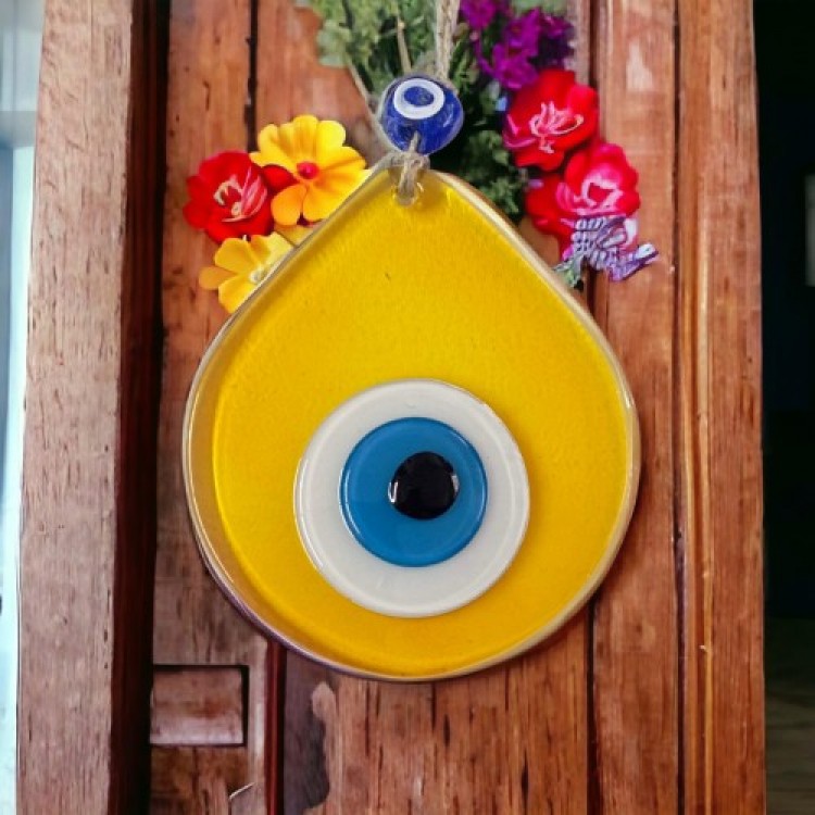 Orta Boy Şeffaf Sarı Damla Desen Nazar Boncuklu Duvar Dekoru Cam Duvar Süsü Orta Boy Şeffaf Sarı Damla Desen Nazar Boncuklu Duvar Dekoru Cam Duvar Süsü