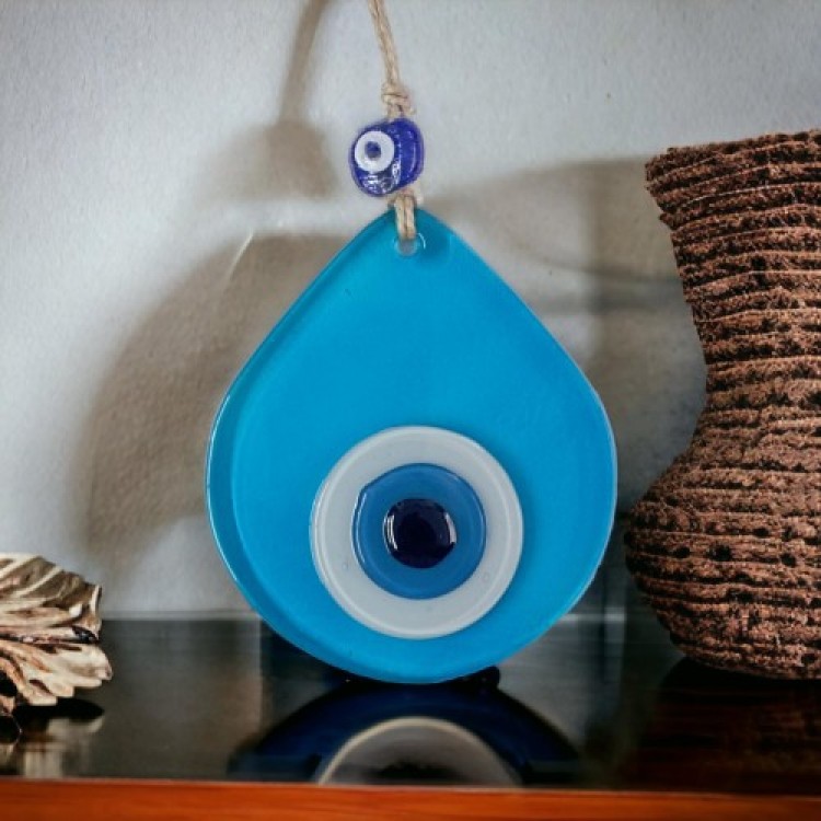 Medium-Sized Transparent Turquoise Drop Pattern Evil Eye Beaded Wall Decoration Glass Wall Ornament