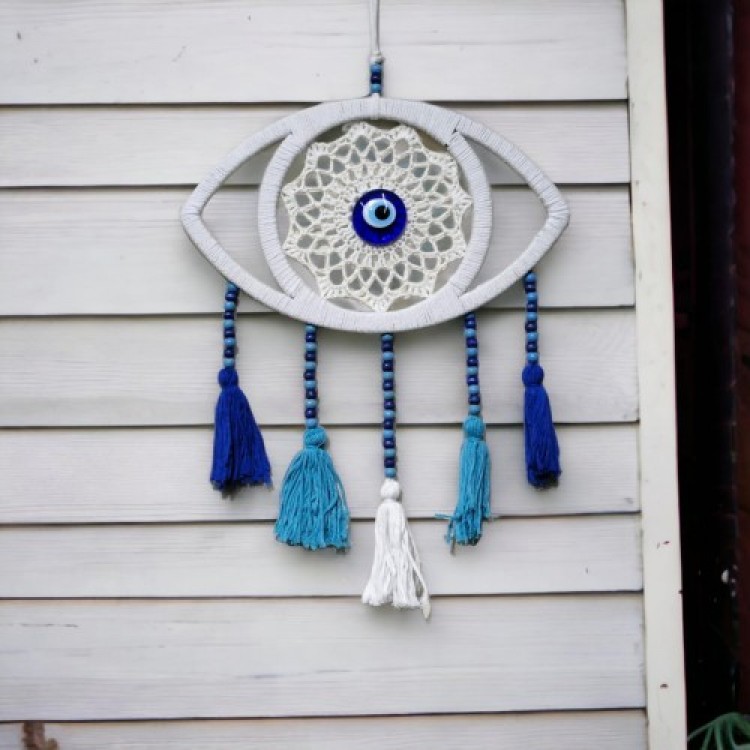White Lace Pom-Pom Evil Eye Bead Wall Decoration