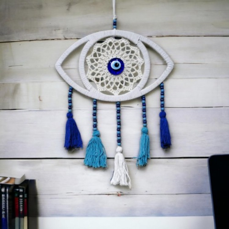 White Lace Pom-Pom Evil Eye Bead Wall Decoration