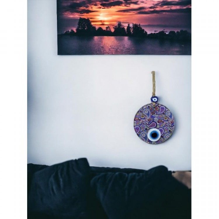 Mandala Pattern Blue Purple Evil Eye Beaded Fused Glass Handcrafted 12 cm Wall Decoration Evil Eye Gift Item