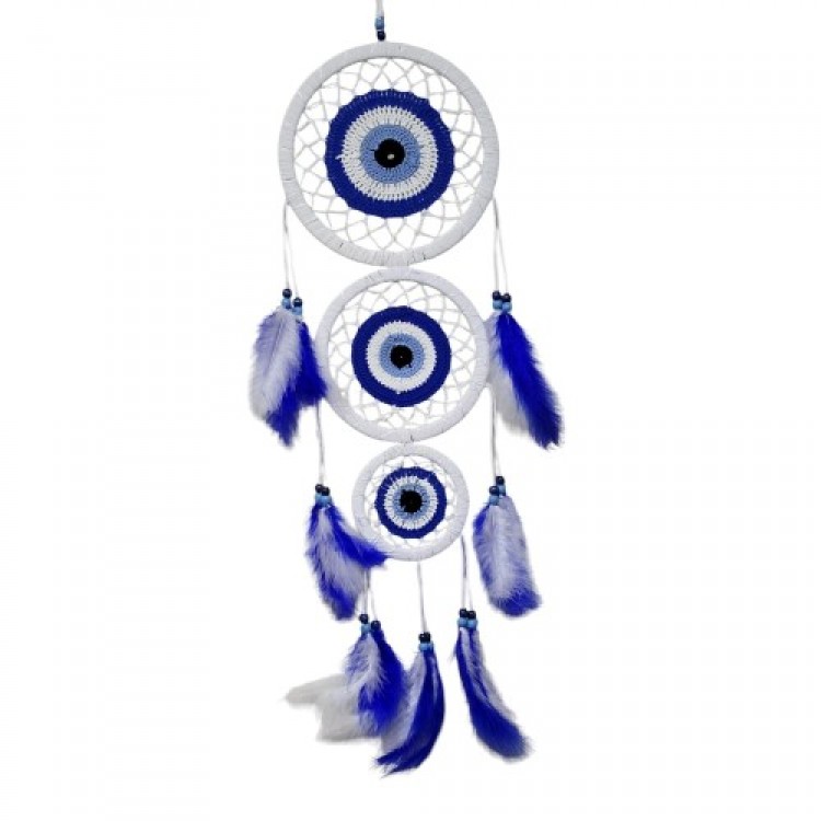 White Wall Decoration with Three Circles and Bird Feathers Featuring Nazar Motifs