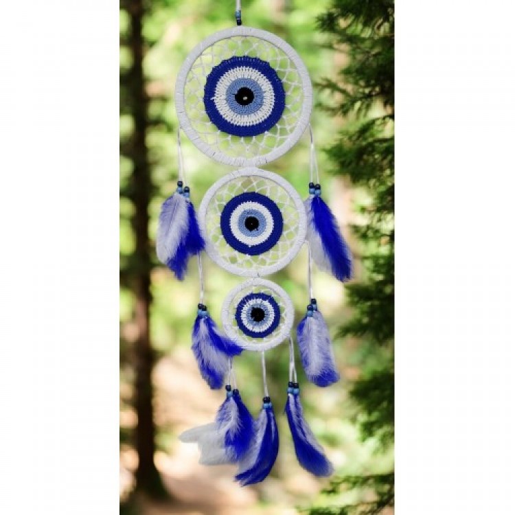 White Wall Decoration with Three Circles and Bird Feathers Featuring Nazar Motifs