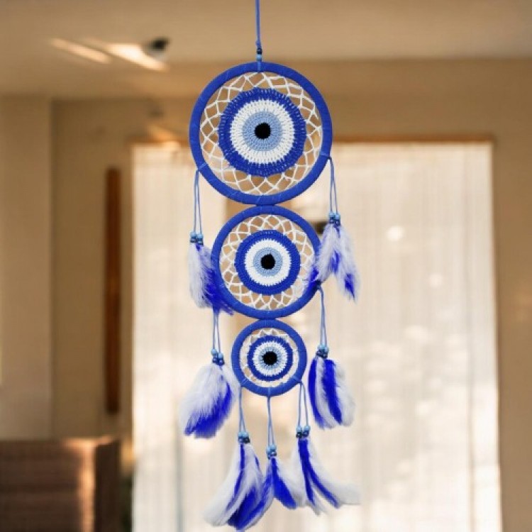 Three-Circle Bird Feather Blue Wall Decoration with Nazar Motif