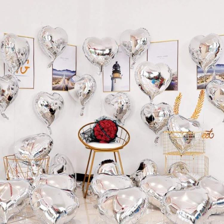 Silver Heart-Shaped Flying Balloon Foil, 10 Pieces