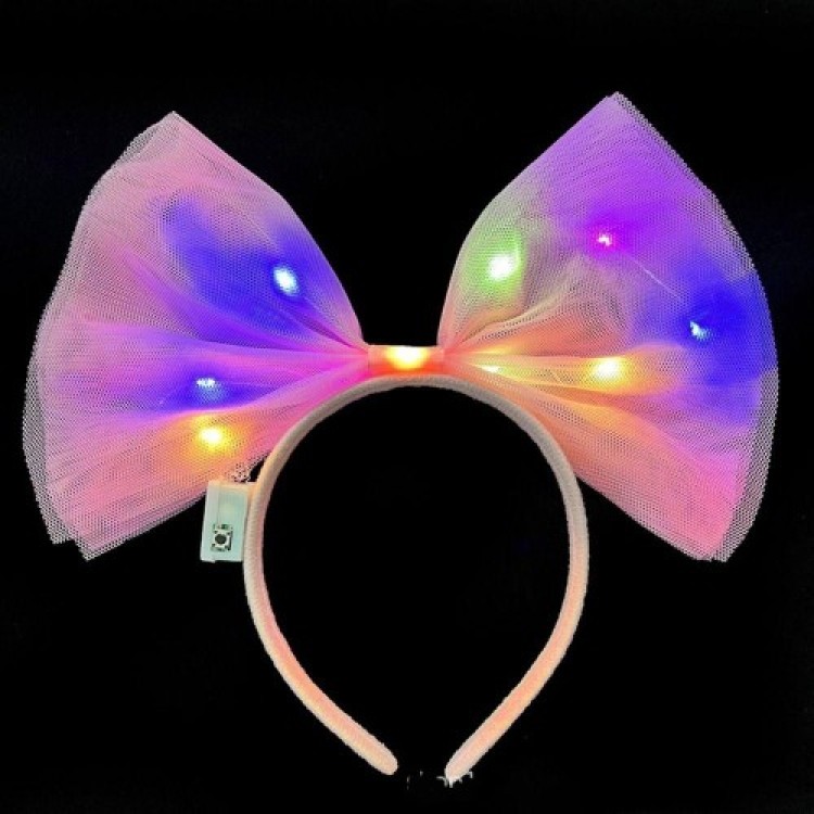 Colorful LED Lighted Bow Tulle Party Crown Pink