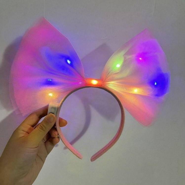 Colorful LED Lighted Bow Tulle Party Crown Pink