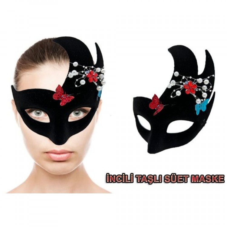 Black Pearl and Stone Suede Venetian Party Mask