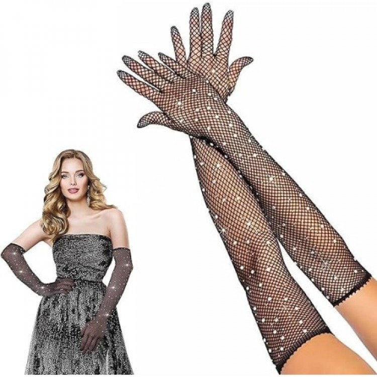 Black Pearl Diamond Mesh Knit Long Gloves