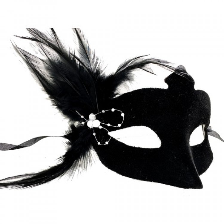 Black Suede Feathered White Pearl Party Mask