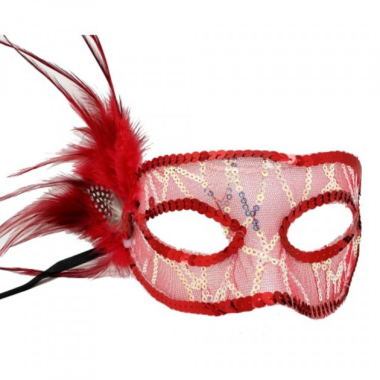 Red Side Feathered Sequined Party Mask