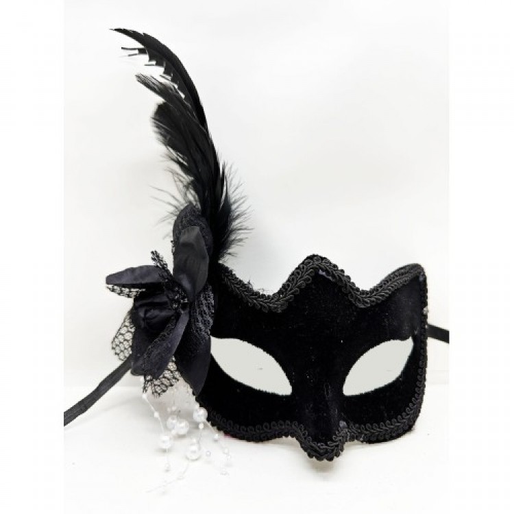 Black Suede Side Feather Pearl Party Mask