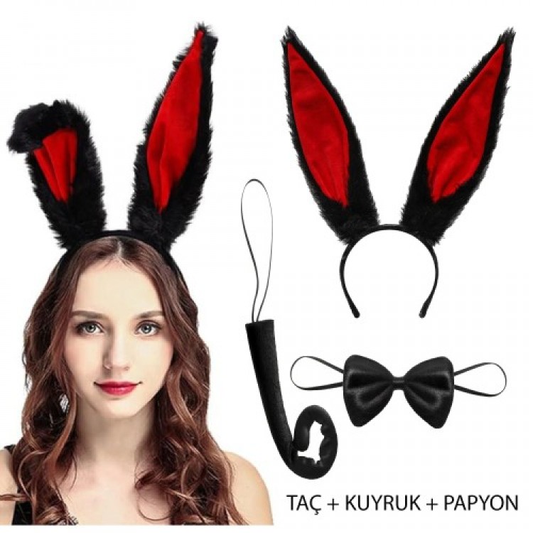 Black Red Plush Rabbit Ear Set Adult Size