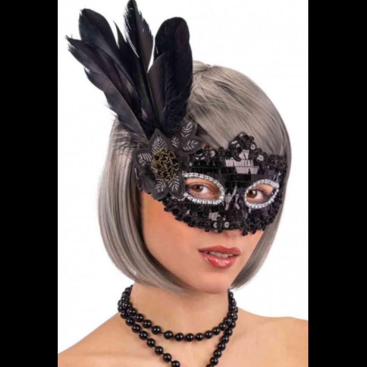 Black Sequined Party Mask with Side Feathers