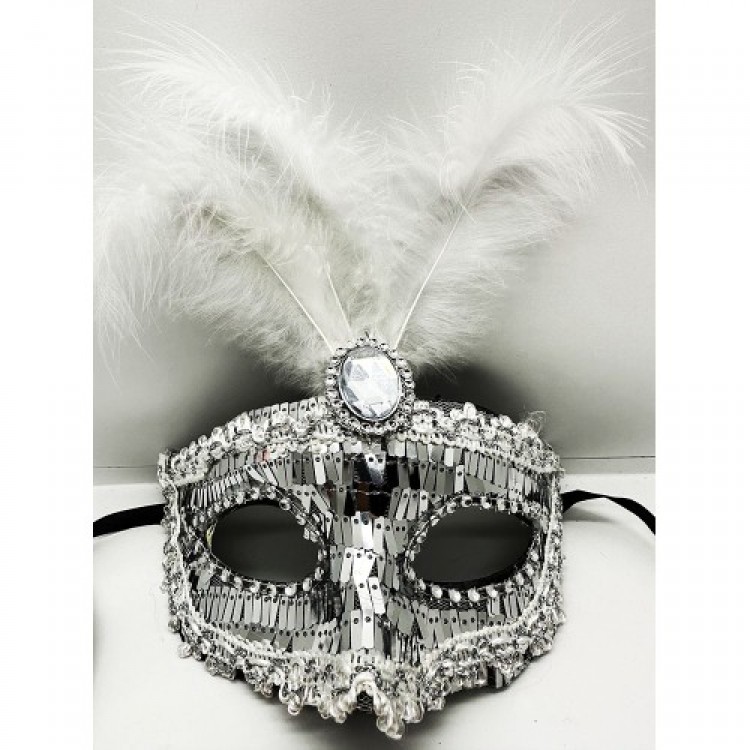 Silver Sequined Feathered Party Mask
