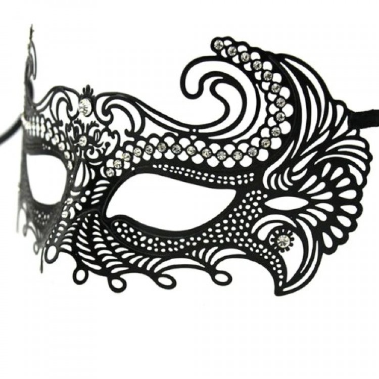 Black Laser Cut Metal Venetian Mask with Crystal Stones