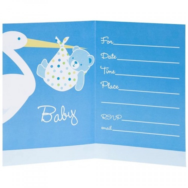 Baby Boy Stork-Themed Blue Invitations, 8 Pieces