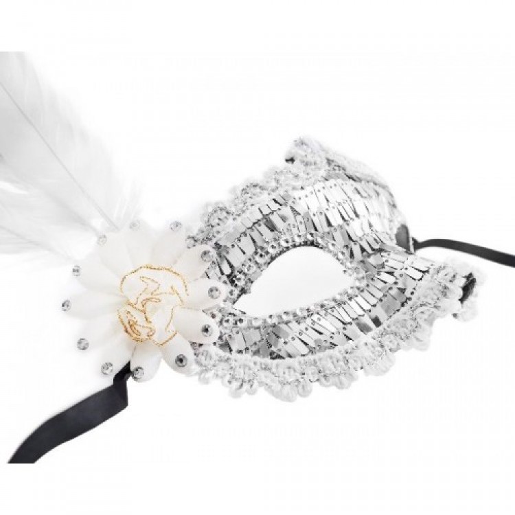 White Silver Feathered Party Mask