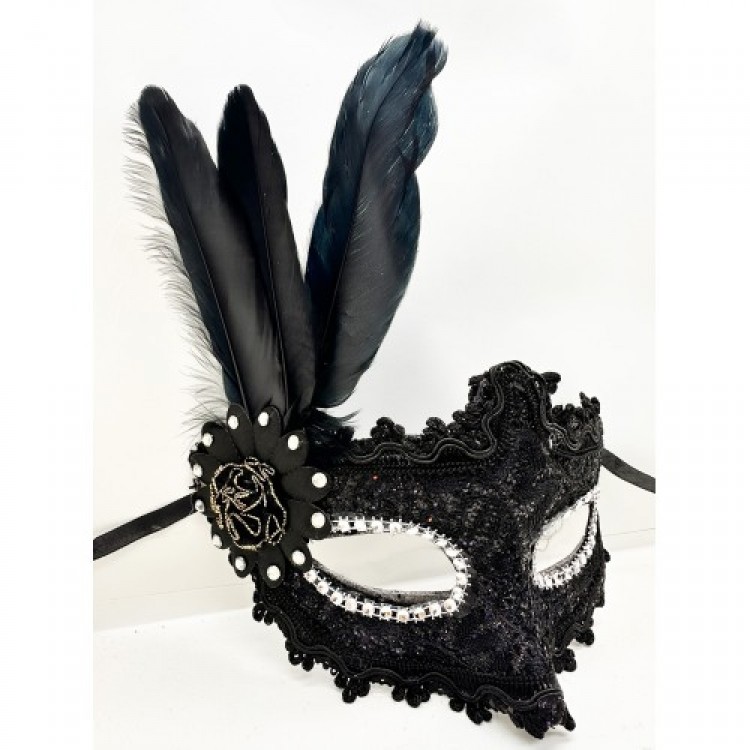 Black Color Feathered Lace Eyed Prom Party Mask with Stones