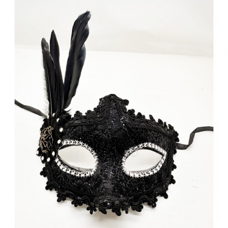 Black Color Feathered Lace Eyed Prom Party Mask with Stones