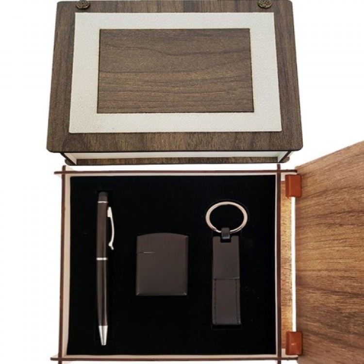 Special Wooden Boxed Matte Black Pen Keyring and Lighter Set