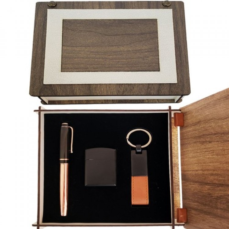 Special Wooden Box Copper Roller Pen Keychain and Lighter Set