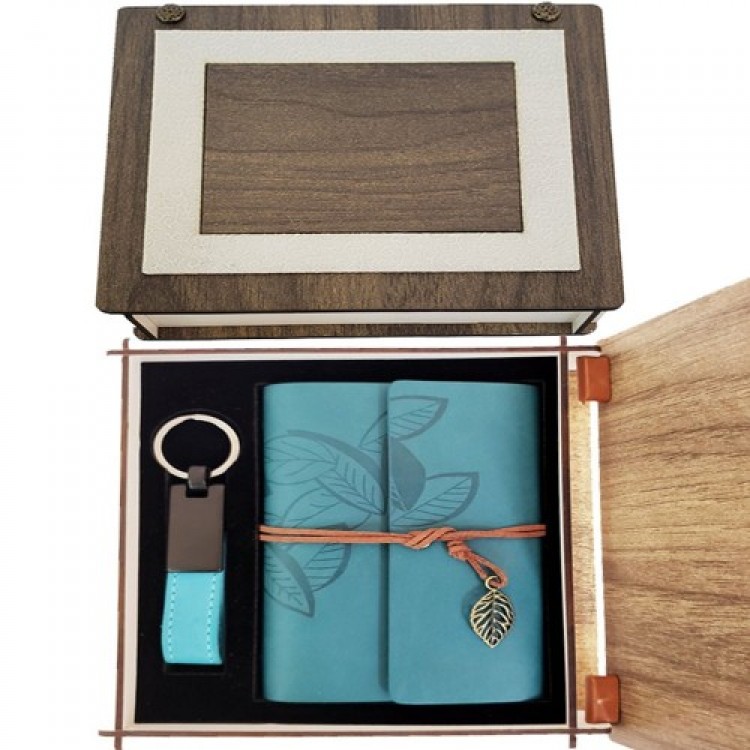 Special Wooden Box Blue Leather Notebook and Keychain Set