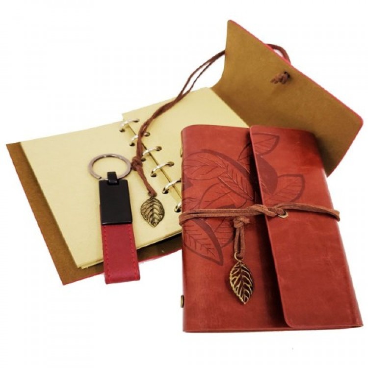 Brown Leather Notebook and Keychain Set in Decorative Wooden Box Brown Leather Notebook and Keychain Set in Decorative Wooden Box