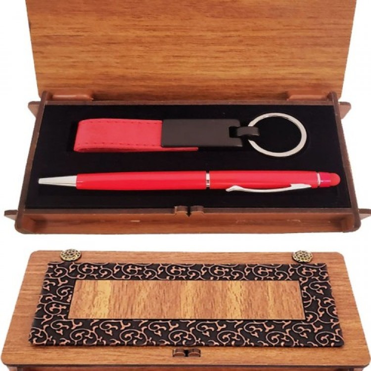 Wooden Boxed Red Pen and Keychain Set