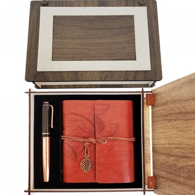 Special Wooden Boxed Coffee Leather Notebook and Copper Roller Pen Set