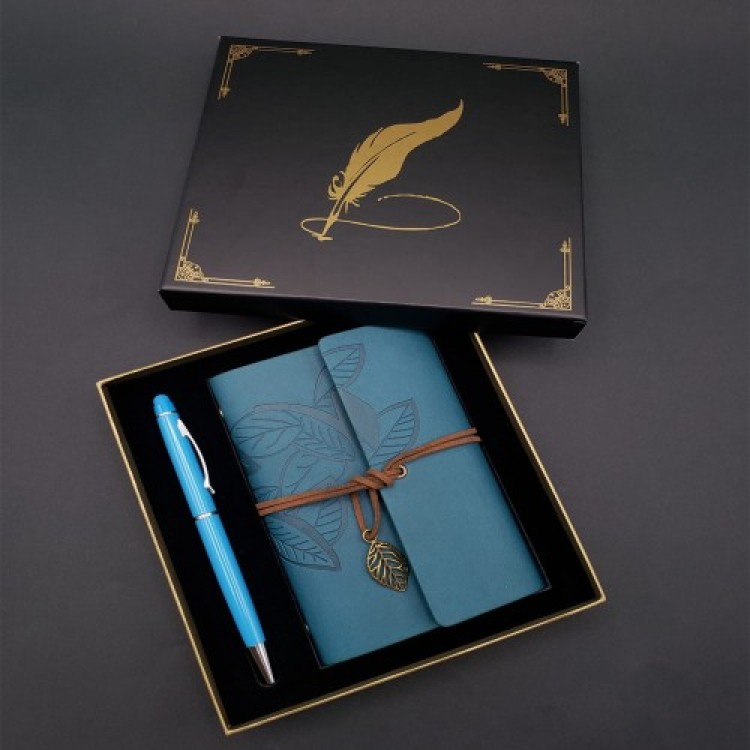 Metal Pen and Blue Leather Notebook Metal Pen and Blue Leather Notebook