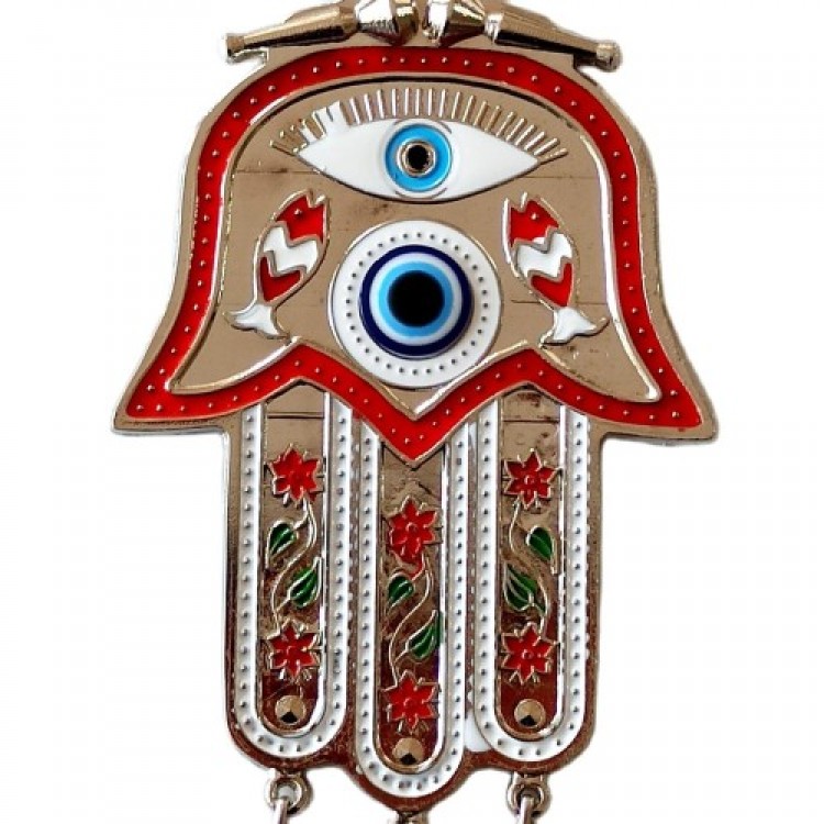 Nazar Boncuklu Gümüş Kaplamalı El Boyaması Tekli Fatma Ananın Bereket Eli Duvar Süsü