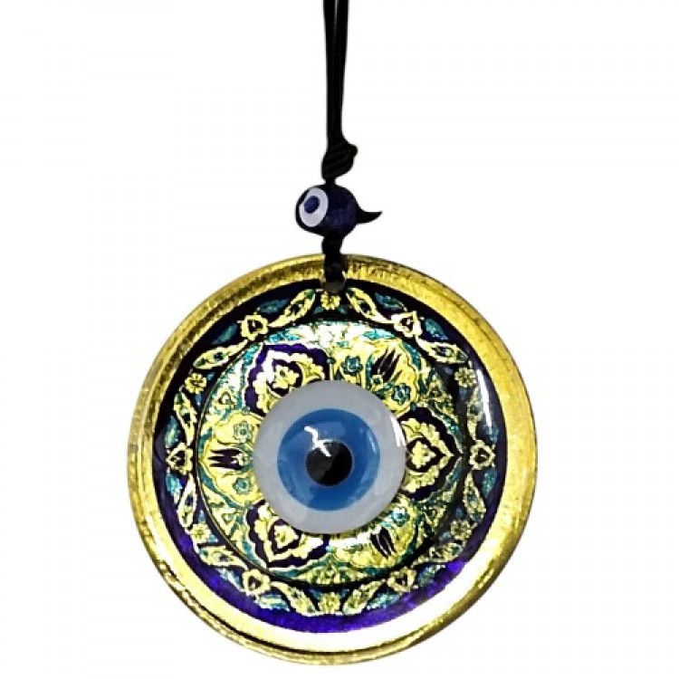Gold-colored fusion glass wall decoration with tulip pattern and evil eye beads, 12x12 cm, handmade
