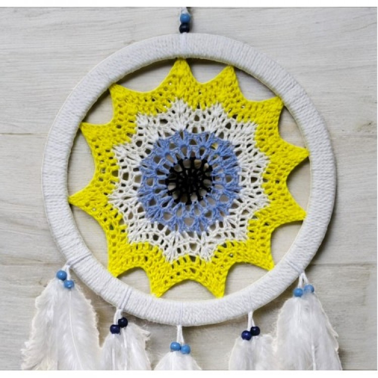 Yellow Evil Eye Motif Bird Feather Wall Decoration