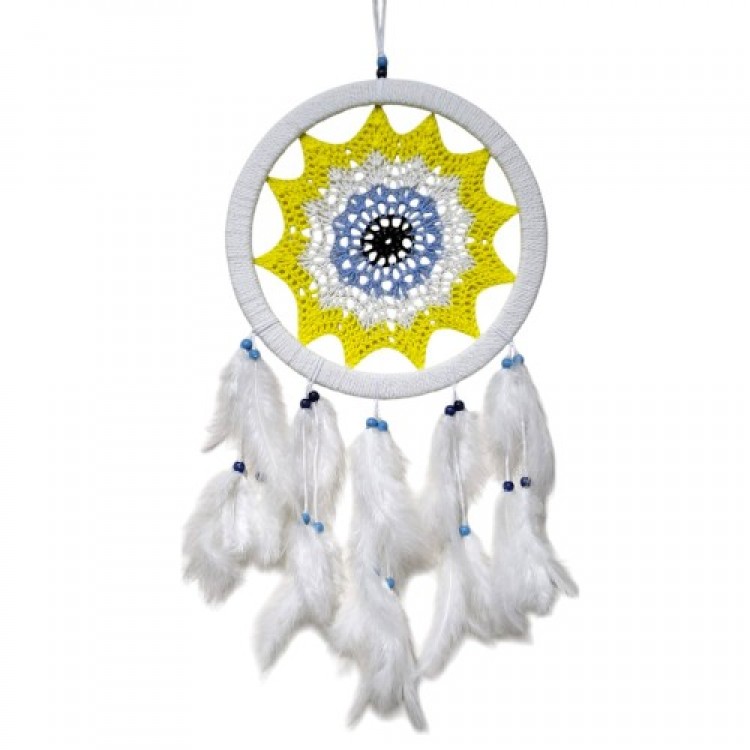 Yellow Evil Eye Motif Bird Feather Wall Decoration
