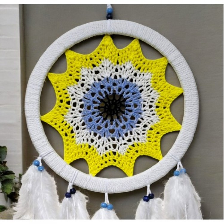 Yellow Evil Eye Motif Bird Feather Wall Decoration