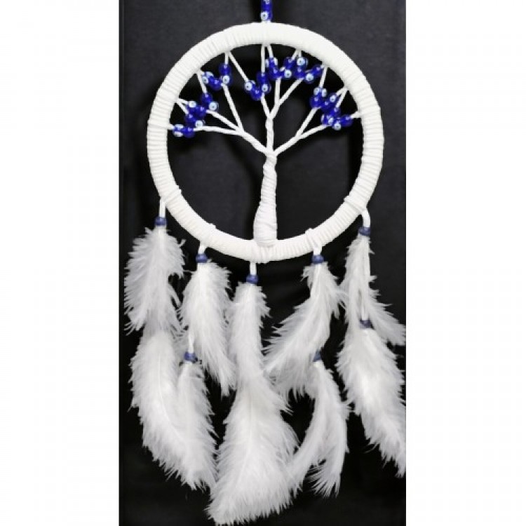 White Bird Feathered Glass Evil Eye Beaded Tree of Life Wall Decoration