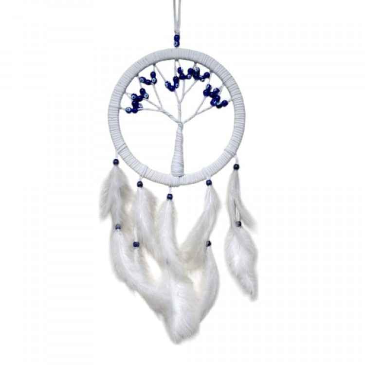 White Bird Feathered Glass Evil Eye Beaded Tree of Life Wall Decoration