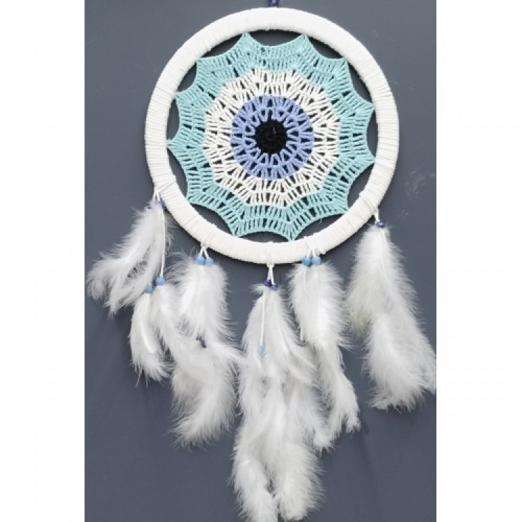 Su Yeşili Renginde Nazar Motifli Kuş Tüylü Duvar Süsü