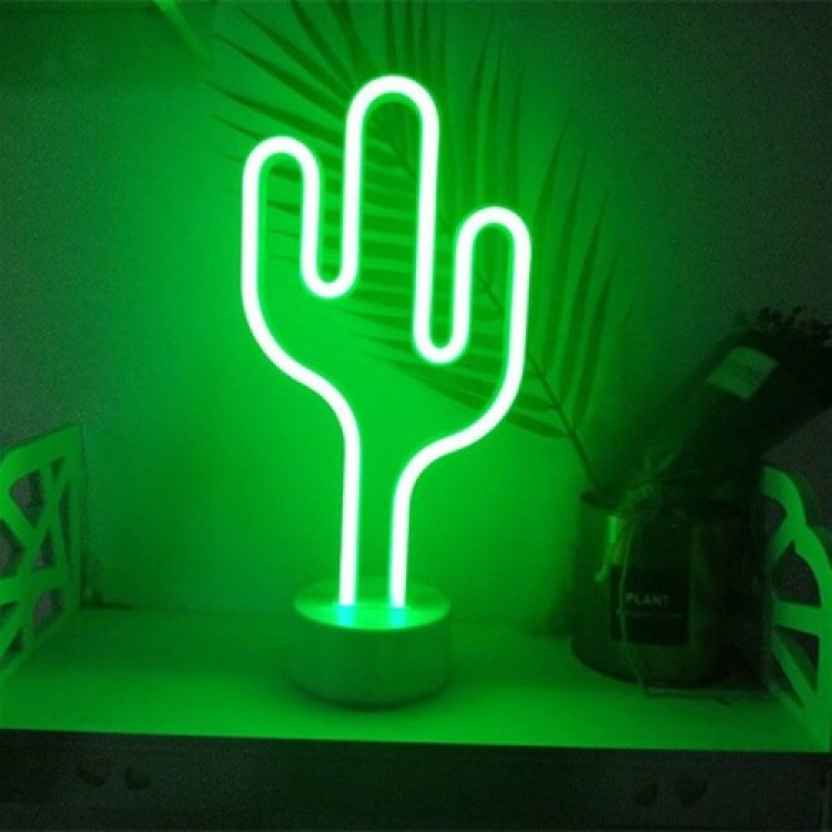 Neon Light Cactus Table Night Lamp USB+Battery