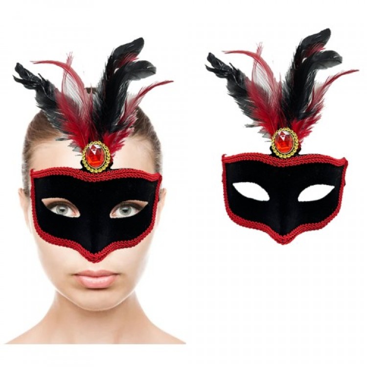 Red Lace Black Red Feathered Black Suede Covered Party Mask 17x25 cm