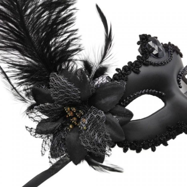 Black Matte Color Side-Feathered Rose Party Ball Venetian Mask 16x22